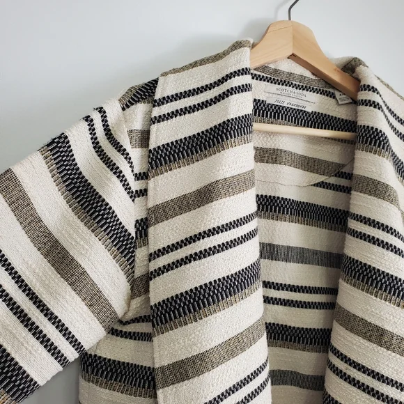 Scotch And Soda Medium Jacket Open Front Cotton Coat Neutral Stripes Boho Fringe - Picture 3 of 16